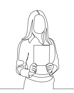 Sürekli bir iş kadını çizimi bir kitabı açıyor. Tek satır biçiminde vektör illüstrasyonu