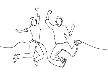 Mutlu zıplayan çiftin durmaksızın çizdiği çizgi. İş adamları mutlu ve başarıyı kutlamak için zıplıyorlar.