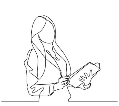 Sürekli bir iş kadını çizimi bir kitabı açıyor. Tek satır biçiminde vektör illüstrasyonu
