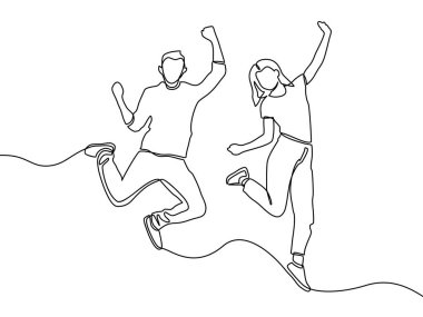 Mutlu zıplayan çiftin durmaksızın çizdiği çizgi. İş adamları mutlu ve beyaz arka planda izole edilmiş başarıyı kutlamak için zıplıyorlar.