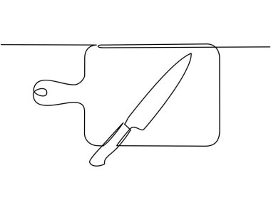 Sürekli bir çizgi çiziyor. Çatal, kaşık, bıçak tabağı ve tüm yemek ve pişirme aletleri restoran logoları, kekler, kartvizitler, afişler ve diğerleri için kullanılabilir.. 