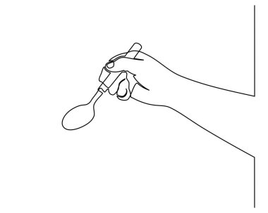 Sürekli bir kaşık tutan el çizimleri. Hazır yemek için çatal tutan elin yan görüntüsü.