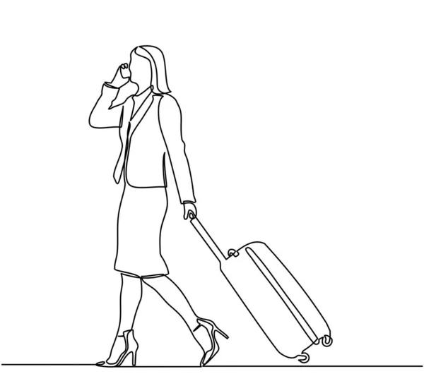 Continuous line drawing of woman pulling suitcases on vacation traveling. vector illustration in one-line style — Stock Vector