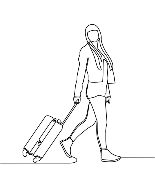 Continue lijn tekening van vrouw trekken koffers op vakantie reizen. vectorillustratie in één-regelige stijl — Stockvector