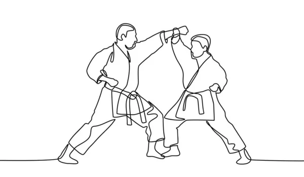 Dibujo de línea continua de un atleta de karate masculino. atletas de karate masculinos están concentrando sus movimientos aislados sobre fondo blanco — Vector de stock
