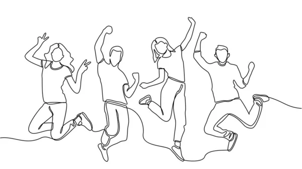 Disegno linea continua di saltare i membri del team felice. felicità, libertà, movimento e concetto di persone. giovani amici sorridenti. saltare in aria — Vettoriale Stock