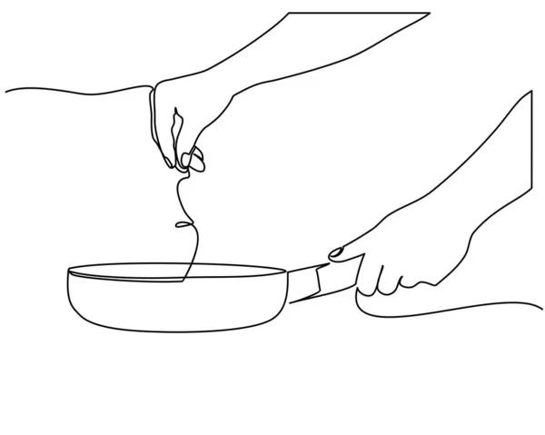 Continuous line drawing of Side view of chef hand holding a frying pan preparing food. Cooking action concept. one line vector — Stock Vector