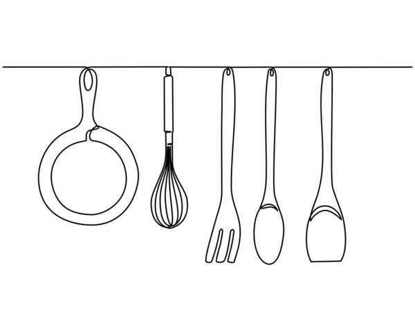 Kontinuerlig en linje ritning. Gaffel, skedar, kniv tallrikar och alla äta och matlagning redskap, kan användas för restaurang logotyper, kakor, visitkort, banderoller och andra. — Stock vektor