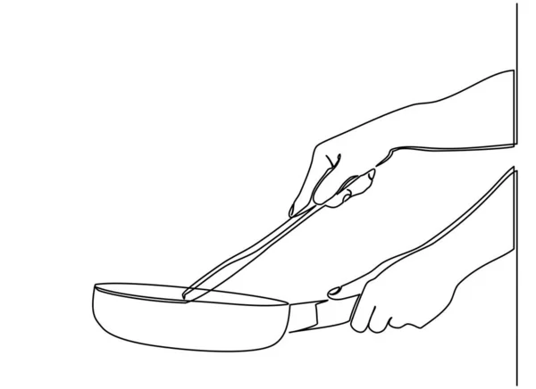 Şef elin tavayı tutarken, yemek hazırlarken sürekli yan çizgiler çiziyor. Yemek pişirme konsepti. bir çizgi vektörü Stok Vektör