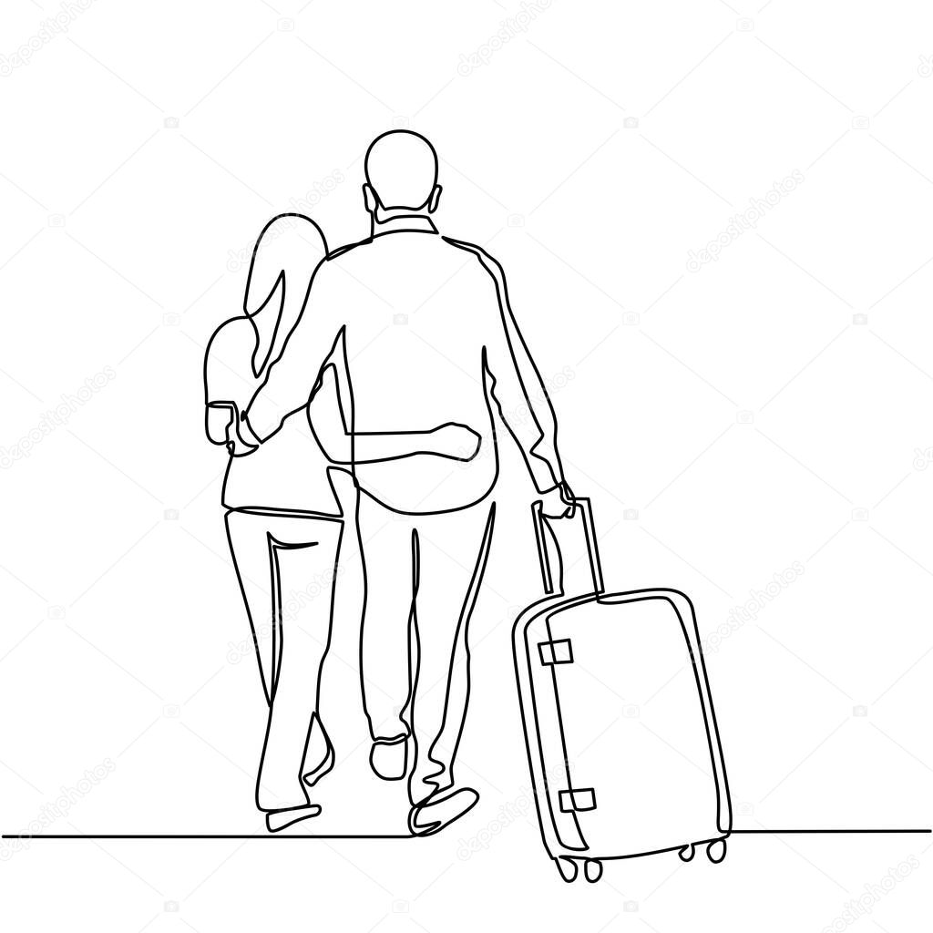 continuous line drawing of male and female pairs with suitcases on the trip. male and female couples pull a suitcase while on vacation. vector illustration in one-line style