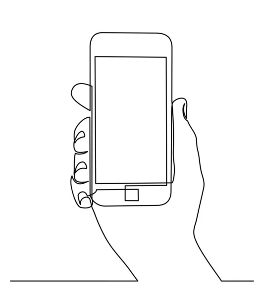 Dibujo continuo de líneas de manos que sostienen un teléfono móvil moderno y reciben mensajes que están aislados sobre un fondo blanco. — Vector de stock