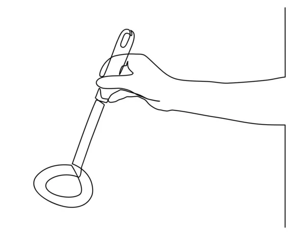 요리를 준비하는 프라이팬을 들고 있는 요리사 손에 대한 측면 그림이 계속 그려져 있다. 요리에 대한 개념입니다. 하나의 선 벡터 — 스톡 벡터