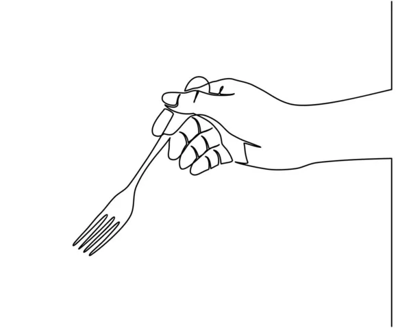 El trazado continuo de la línea de las manos que sostienen el tenedor, la cuchara. vista lateral de la mano sosteniendo un tenedor para preparar comer. — Vector de stock