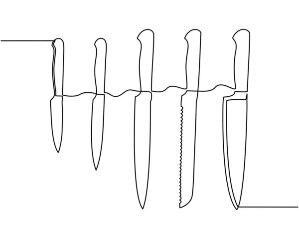 Dibujo continuo de una línea. Tenedor, cucharas, platos de cuchillo y todos los utensilios de cocina y comida, se pueden utilizar para logotipos de restaurantes, pasteles, tarjetas de visita, pancartas y otros — Archivo Imágenes Vectoriales