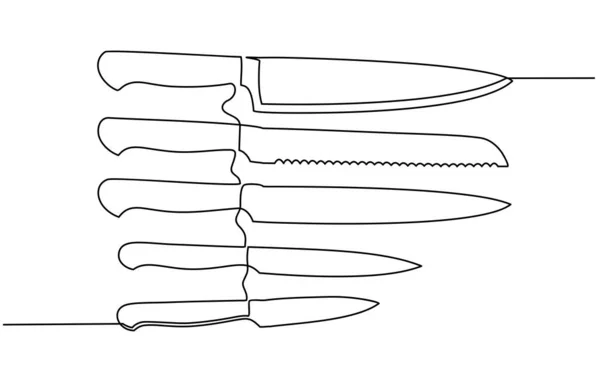 Dibujo continuo de una línea. Tenedor, cucharas, platos de cuchillo y todos los utensilios de cocina y comida, se pueden utilizar para logotipos de restaurantes, pasteles, tarjetas de visita, pancartas y otros — Archivo Imágenes Vectoriales