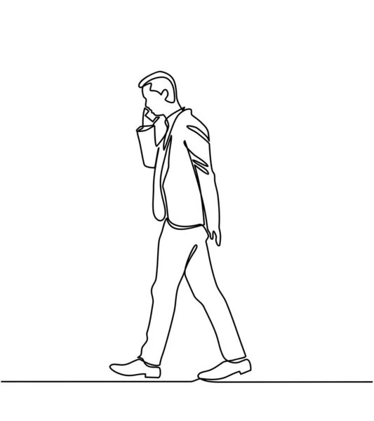Continuous line drawings of businessman walking and talking on the telephone. sketch drawing of a walking tourist woman Royalty Free Stock Illustrations