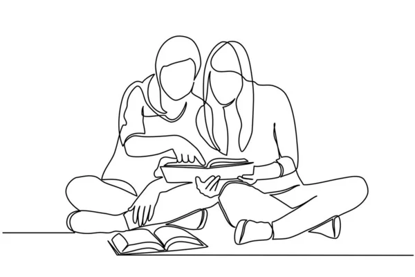 Continuous line drawing of two young girls studying and reading books. Stock Vector