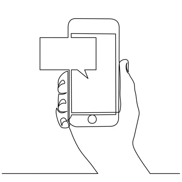 Continuous line drawing of hands that hold a modern mobile phone and receive messages that are isolated against a white background. Royalty Free Stock Illustrations