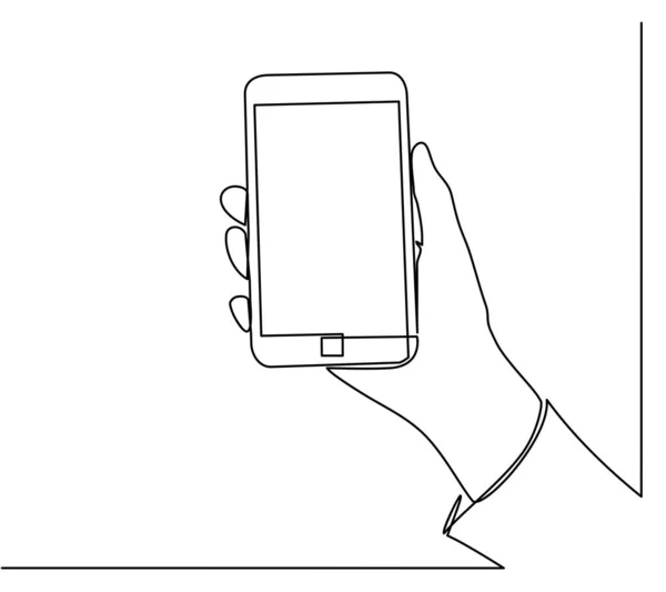 Continuous line drawing of hands that hold a modern mobile phone and receive messages that are isolated against a white background. Vector Graphics