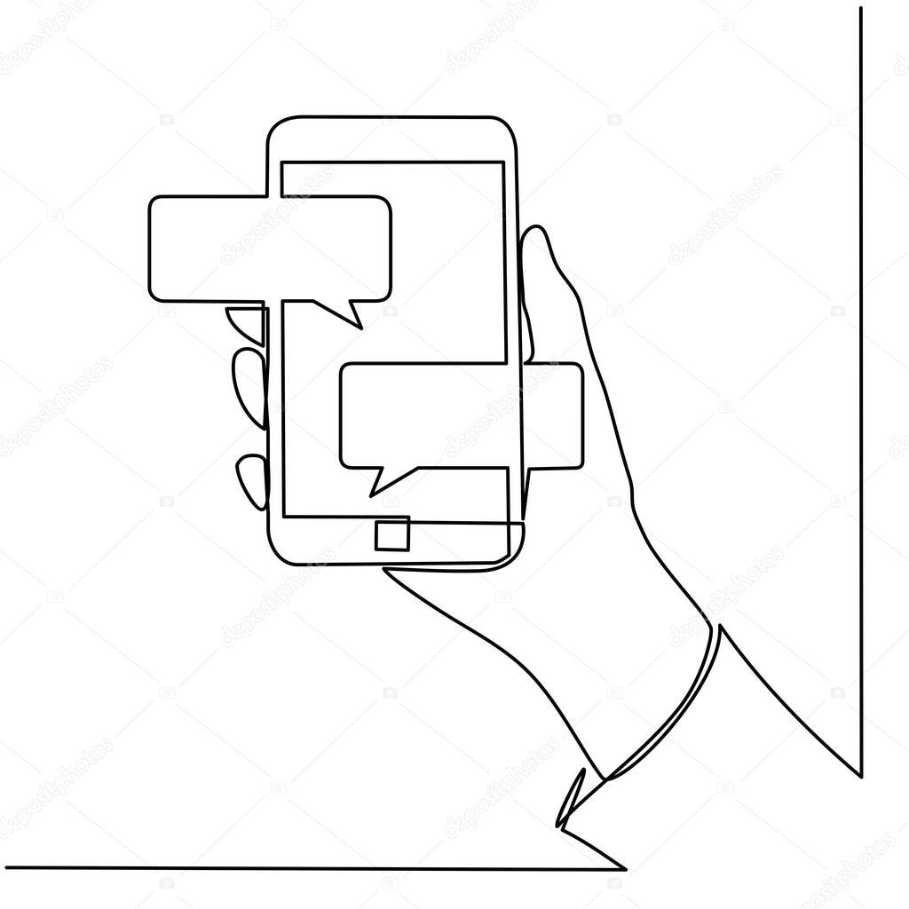 Continuous line drawing of hands that hold a modern mobile phone and receive messages that are isolated against a white background. 