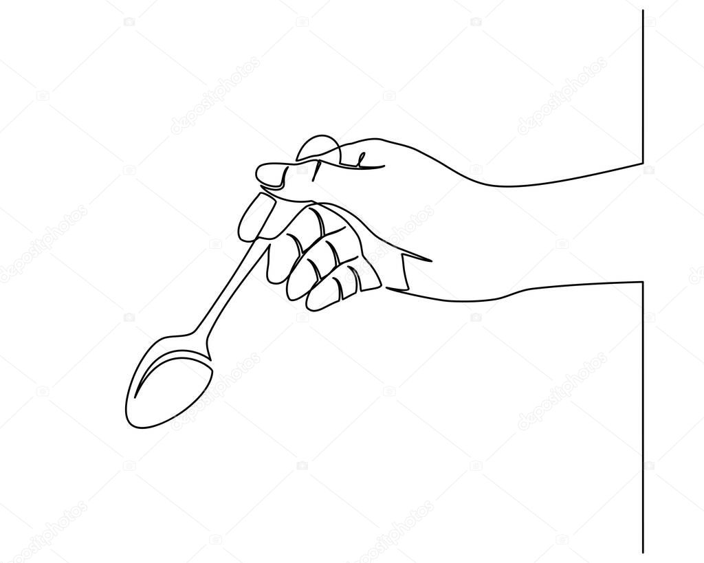 Continuous line drawing of hands holding a spoon. side view of the hand holding a fork to prepare eat.