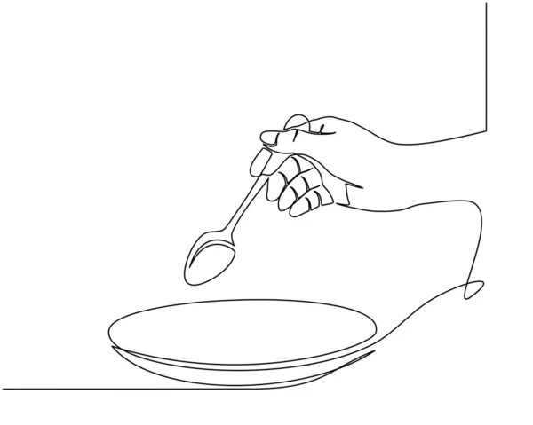 El trazado continuo de la línea de las manos que sostienen el tenedor, la cuchara. vista lateral de la mano sosteniendo un tenedor para preparar comer. — Vector de stock