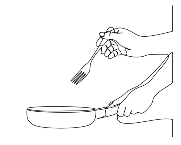 Continu lijntrekken van handen die een vork vasthouden, lepel. zijaanzicht van de hand die een vork vasthoudt om eten te bereiden. — Stockvector