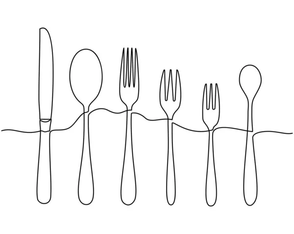 Continuous one line drawing. Fork, spoons, knife plates and all eating and cooking utensils, can be used for restaurant logos, cakes, business cards, banners and others. Royalty Free Stock Vectors