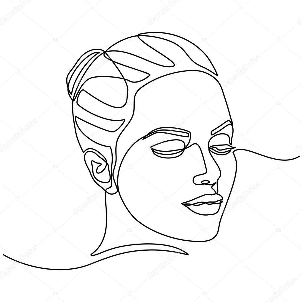 Continuous line drawing of Portrait of a Beautiful Womans set faces. The Concept of Skin Beauty Care for young female models. Fashion beauty model with a white background