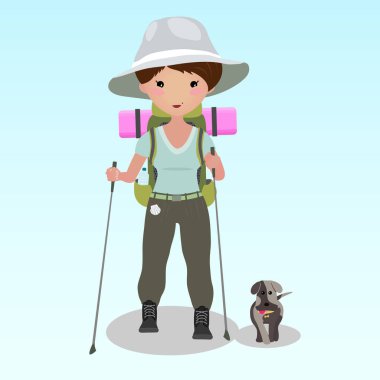 Genç kadının sopalarla yürüyüş yapması. Camino de Santiago ile bir köpek yürüyen genç kadın. Beyaz elbise. Neşeli backpacker yaz gezisi sırasında hiking. Backpacker illüstrasyon.