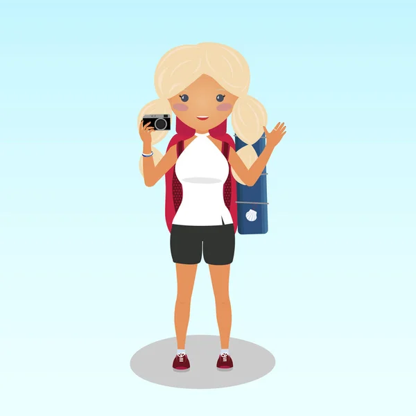微笑的金发女郎拍照 年轻的旅行者漫步圣地亚哥 带大背包的学生旅行者 一个独自旅行的女人 白种人族 背包客插画 — 图库矢量图片#