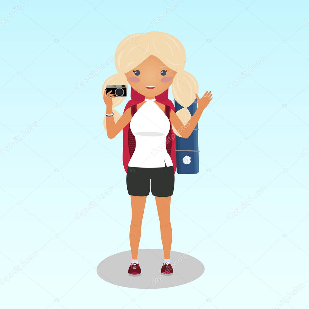 Smiling blonde girl takes a photo. Young traveller walking the Camino de Santiago. Student traveller with a big backpack. A woman travelling alone. Caucasian ethnicity. Backpacker illustration.