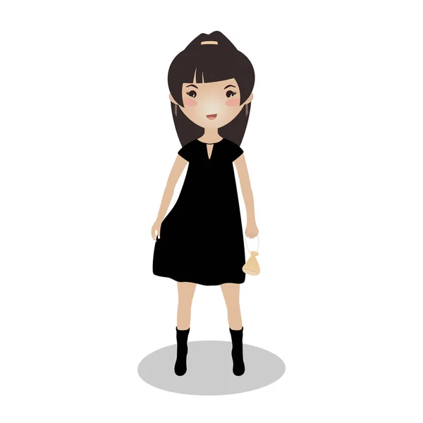 Lächelndes Mädchen Einem Kleinen Schwarzen Kleid Abendkleid Zeichentrickfigur Junge Dame — Stockvektor