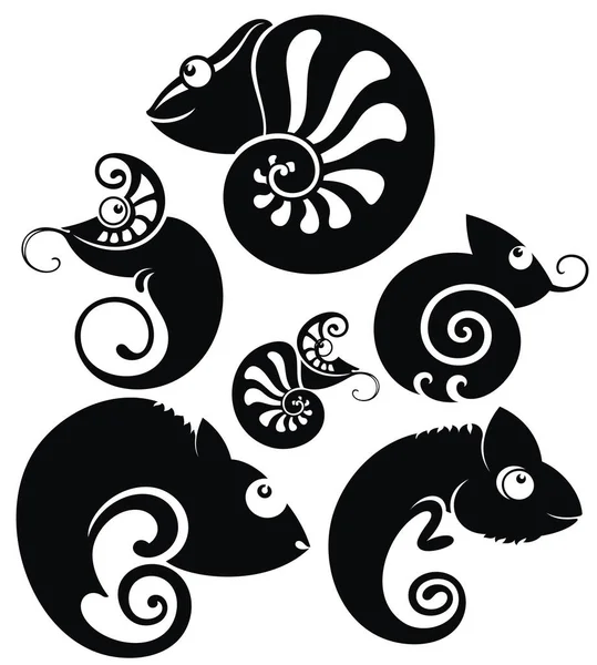 Camaleones Dibujos Animados Blanco Negro Ambientados Estilo Tatuaje — Vector de stock