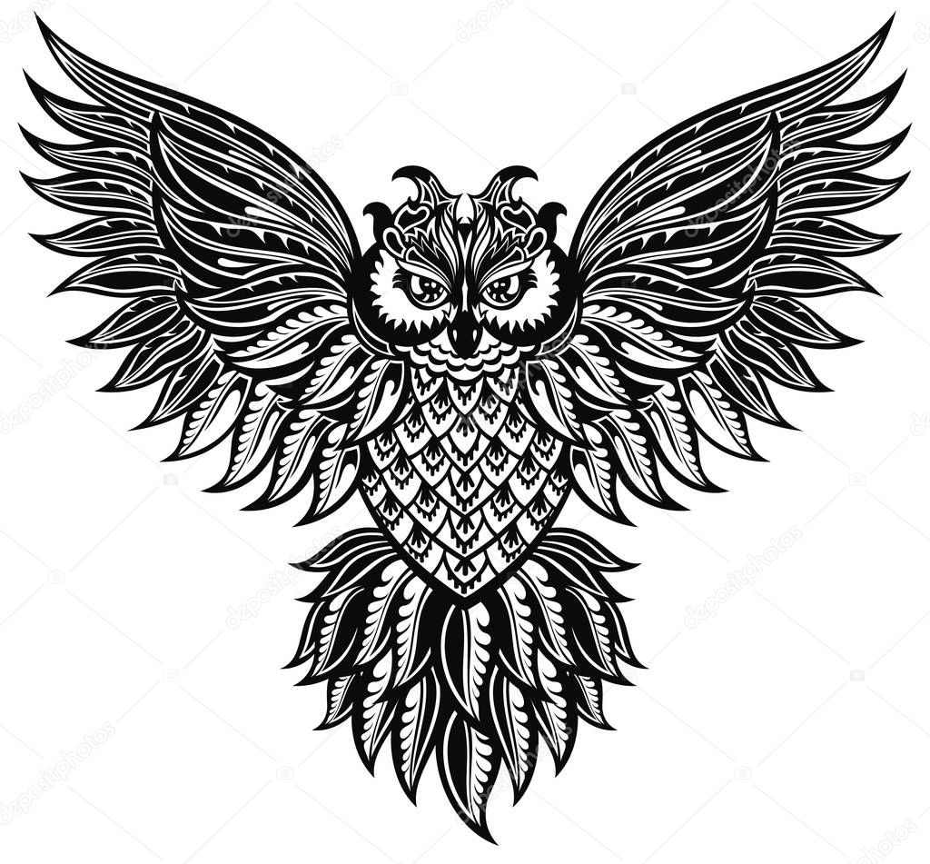 Decorative Owl.  Tattoo, poster, print in black