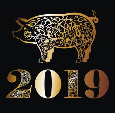 Çin yeni yılı 2019 - domuz kart tasarımı, yılı domuz zodyak var beş element sistemi Çin kültürü etkiler halklar karakter, yetenek ve çiçek süsleme şanslar anlamını