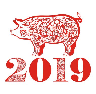 Çin yeni yılı 2019 - domuz kartı tasarım çiçek süsleme ile yılı