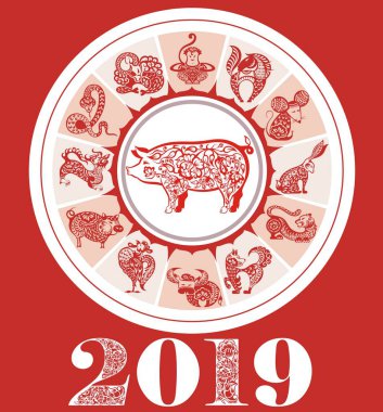 Domuz, yıl 2019 zodyak sembolü ile Çin yeni yılı Festival vektör kartı tasarımı.