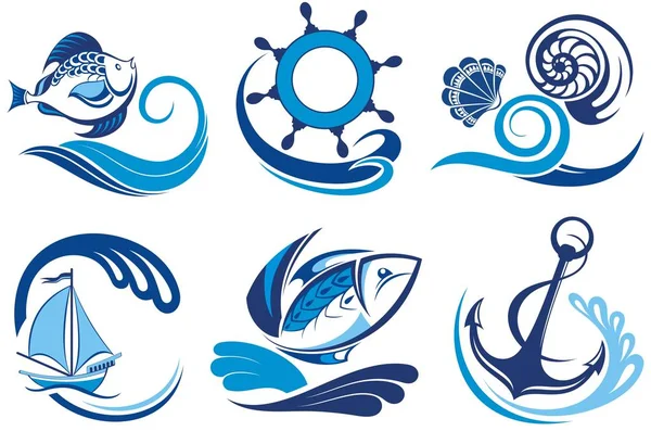 Decorative Cute Blue Set Summer Symbols White Background — Stock Vector