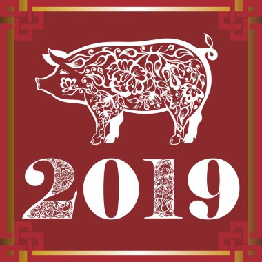 Çince Zodyak işareti yıl, domuz, domuz, mutlu çene yeni yıl 2019 kırmızı kağıt kesme