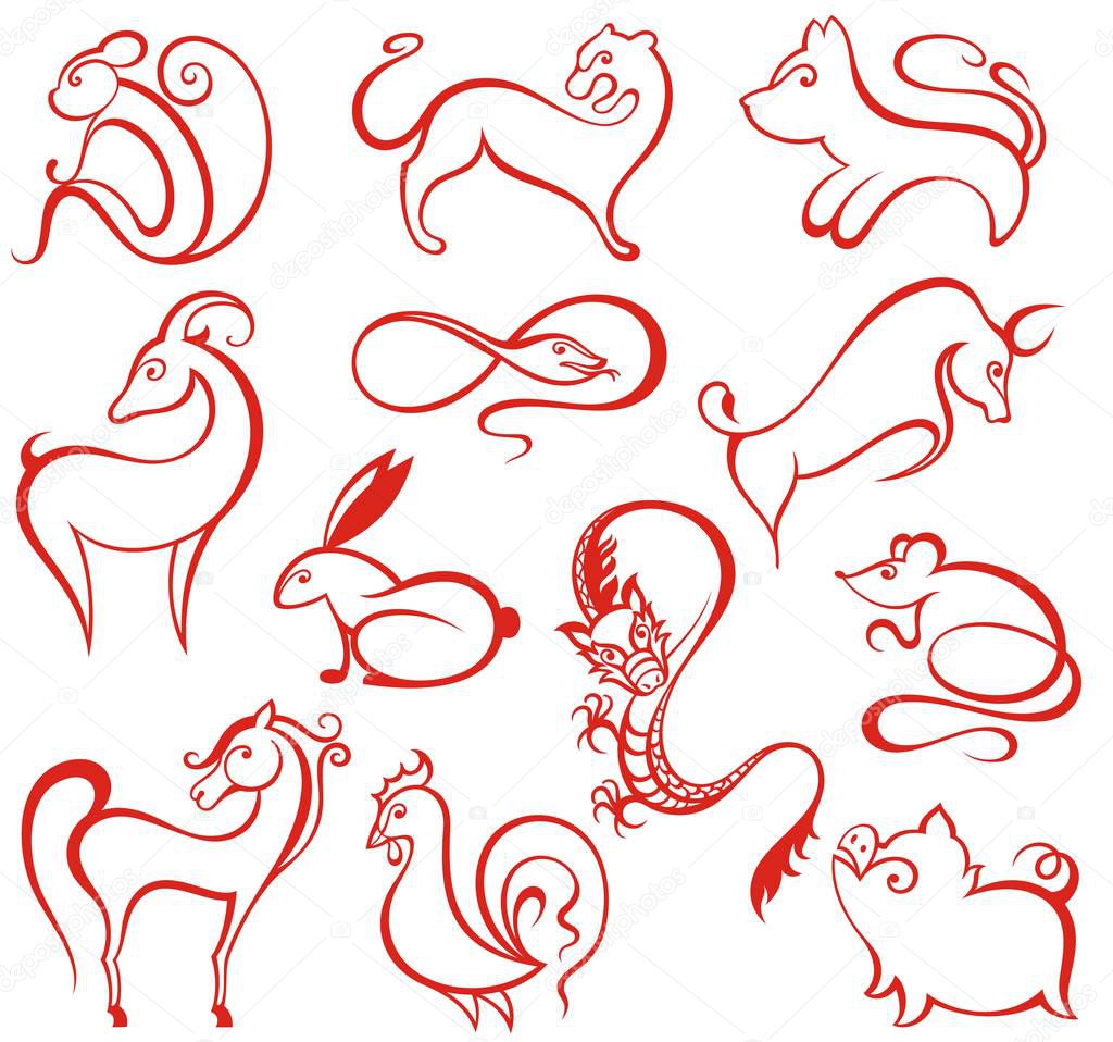 Chinese Zodiac icons in red on white 