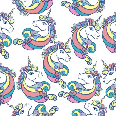 Tek boynuzlu at vektör çizim. Güzel tek boynuzlu at başı. Sorunsuz arka plan