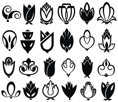 Geleneksel ve tropik çiçekler ve yapraklar kümesi. Petal öğeleri koleksiyonu