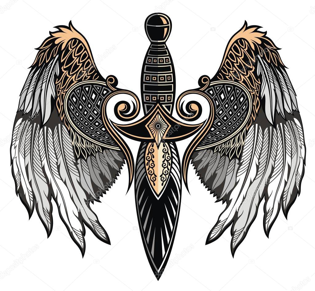 Winged sword. Tattoo sword vector illustration