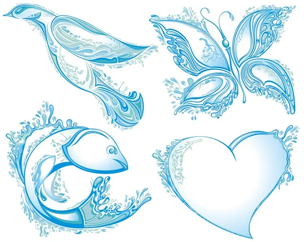 Pájaro Acuático Mariposa Peces Corazón Salpicadura Agua — Vector de stock