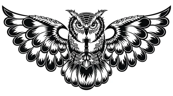 装飾的なフクロウとタトゥーイラスト ウェブページの背景 テキスタイル ポスター Tシャツのための美しいファンタジーベクトルパターン — ストックベクタ