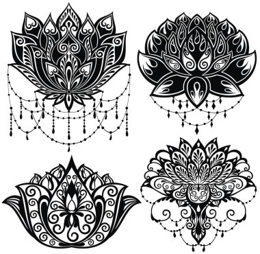 Lotus çiçekleri siluetler. Dört vektör çizimi kümesi.