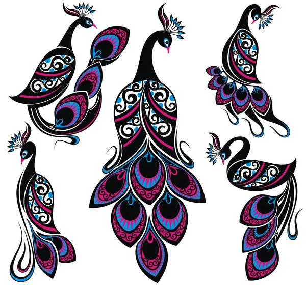 Peacock Rysowanie Ptaków Fantasy Kolekcja Pawki — Wektor stockowy
