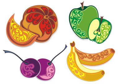 İzole meyveler. Kiraz. Apple. Muz.Portakal