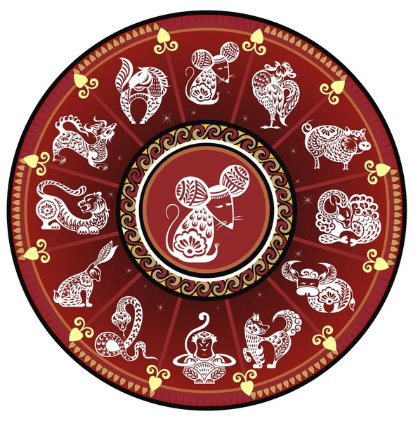 Signe Zodiaque Chinois Année Rat Rat Coupé Papier Rouge Bonne — Image vectorielle